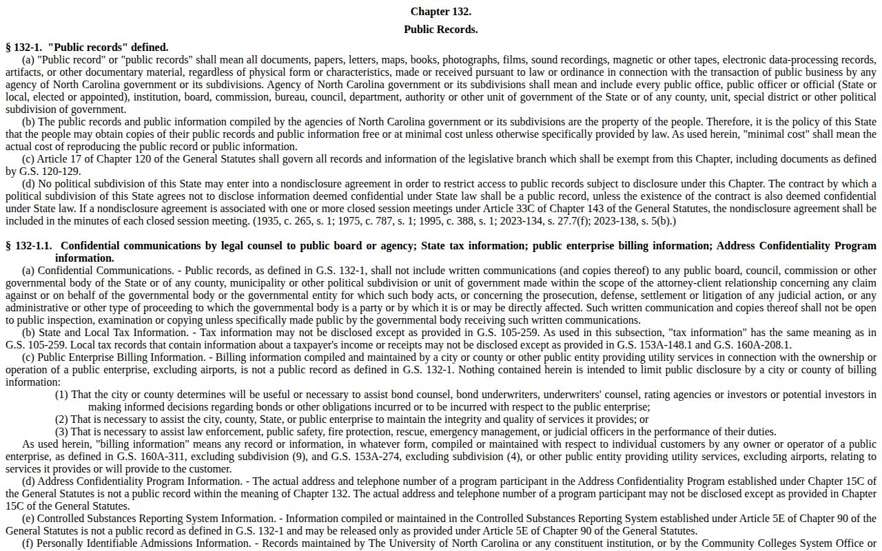 North Carolina General Statutes Chapter 132 source capture